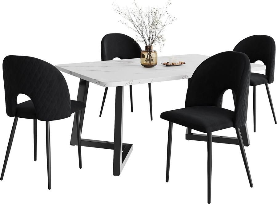 Merax Essgruppe (Set 117×68cm Esstisch mit 4 Stühlen) Rechteckiger Esstisch Moderner Küchentisch Set Samt Esszimmerstuhl Mit Diamantmuster Verstellbare Stuhlbeine Schwarz Samt Schwarz Tischbeine
