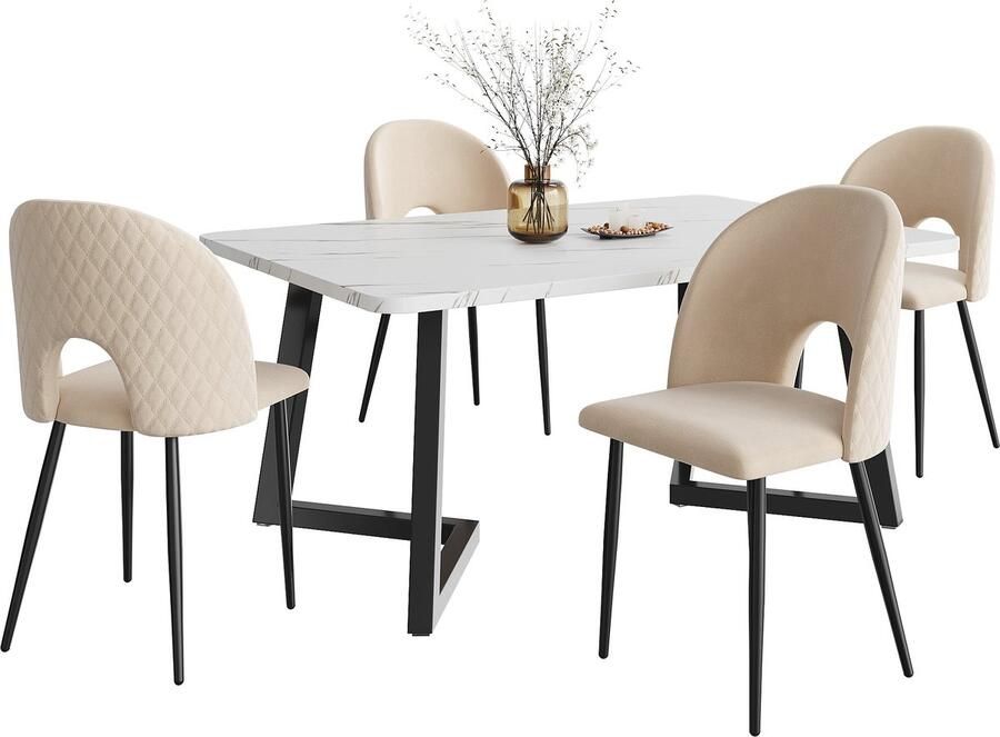 Merax Essgruppe (Set 117×68cm Esstisch mit 4 Stühlen) Rechteckiger Esstisch Moderner Küchentisch Set Samt Esszimmerstuhl Mit Diamantmuster Verstellbare Stuhlbeine Beige Samt Schwarz Tischbeine - Foto 2