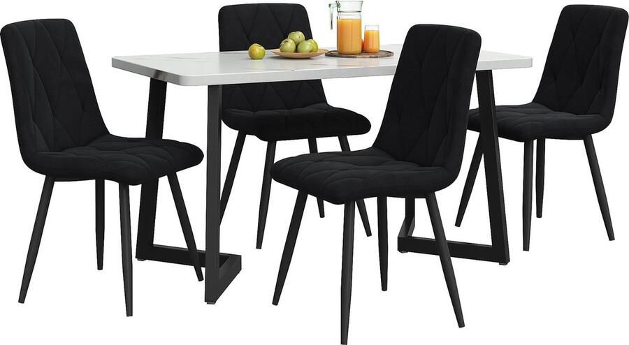 Merax Eetkamerset 5-delig – Eettafel 117×68 cm met 4 Eetkamerstoelen Keukentafel Set met Wit Marmerlook Tafelblad Moderne Zwarte Fluwelen Stoelen en Zwarte Metalen Poten - Foto 2