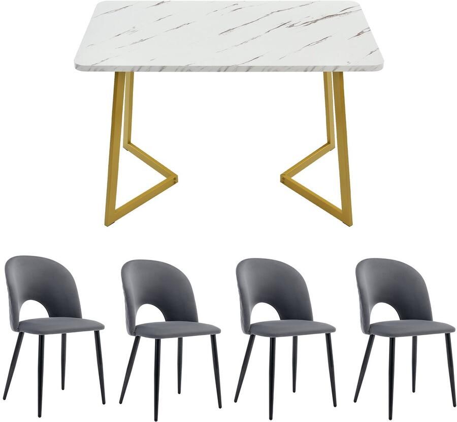 Merax Essgruppe (Set 117×68cm Esstisch mit 4 Stühlen) Rechteckiger Esstisch Moderner Küchentisch Set Samt Esszimmerstuhl Mit Diamantmuster Verstellbare Stuhlbeine Grau Samt Golden Tischbeine
