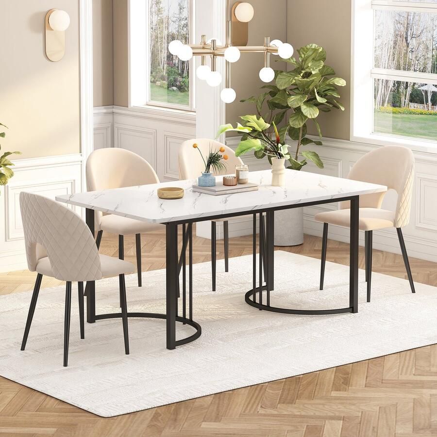 Merax Essgruppe (Set 140×80cm Esstisch mit 4 Stühlen) Moderner Küchentisch Set Samt Esszimmerstuhl Mit Diamantmuster Verstellbare Stuhlbeine Beige Samt MDF Tischplatte in Weißer Schwarz Tischbeine