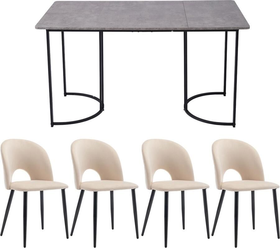 Merax [ niet compleet] Essgruppe (Set 140×80cm Esstisch mit 4 Stühlen) Moderner Küchentisch Set Samt Esszimmerstuhl Mit Diamantmuster Verstellbare Stuhlbeine Beige Samt MDF Tischplatte in Grau Schwarz Tischbeine