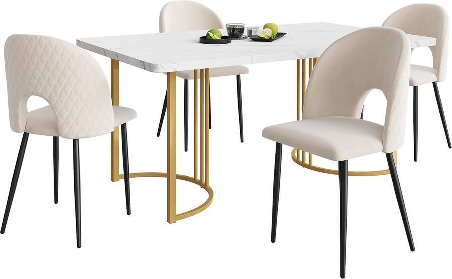 Merax [ niet compleet] Essgruppe (Set 140×80cm Esstisch mit 4 Stühlen) Moderner Küchentisch Set Samt Esszimmerstuhl Mit Diamantmuster Verstellbare Stuhlbeine Beige Samt MDF Tischplatte in Weißer Golden Tischbeine - Foto 2