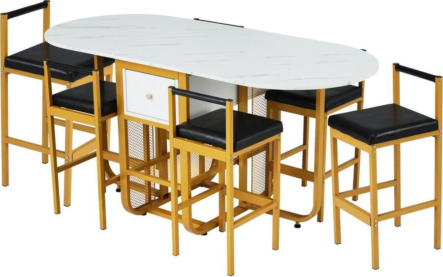Merax Essgruppe (Set mit Esstisch 6 Stühlen) Klappbarer Esstisch Erweiterbarer Esstisch Multifunktionaler ausziehbarer Esstisch Esszimmerstühle Weiß und Gold