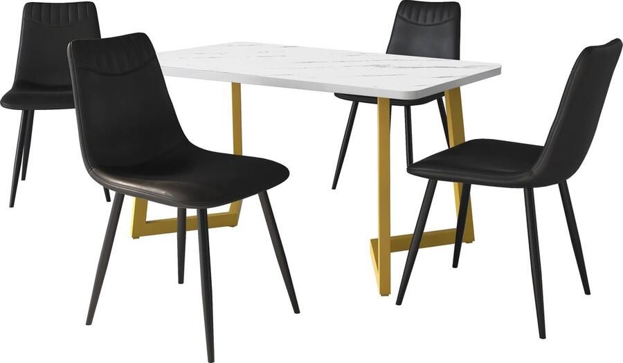 Merax Esstisch en Stuhl Set (1+4) Eettafel met Gouden Poten en 4 Zwarte PU Esszimmerstoelen Modern Marmor Gemusterd Eettafel Set Elegante en Tijdloze Ontwerp