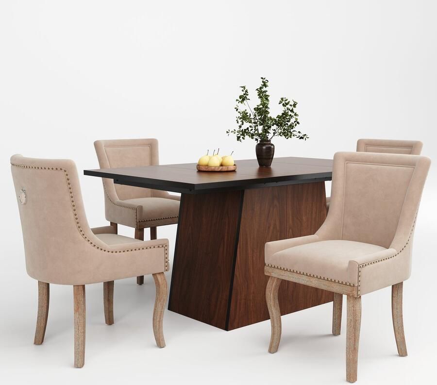 Merax Esstisch-Set (5 Teile) 138.5 x 80 cm großes Esstisch- und 4-Stühle-Set moderner Esstisch mit Holzmaserungsmuster Küchen-Esstisch und Wohnzimmer beige Samt-Esszimmerstühle mit Massivholzbeinen