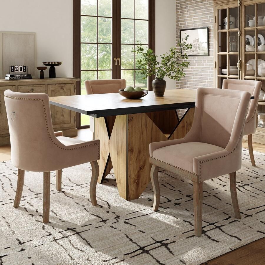 Merax Esstisch-Set (5-teilig) 138.5 x 80 cm großer Esstisch und 4 Stühle moderner Esstisch mit Holzmaserungsmuster Küche und Wohnzimmer beige Esszimmerstühle mit Massivholzbeinen - Foto 2