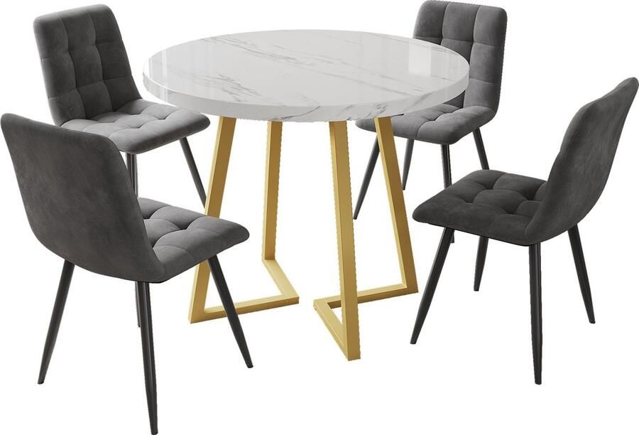 Merax Esstisch-Set (5-teilig) Esstisch-Set mit 4 Stühlen modernes Küchentisch-Set runder Küchentisch mit 80 cm Durchmesser und goldenen Metallbeinen weiße MDF-Tischplatte dunkelgraue Samt-Esszimmerstüh - Foto 2