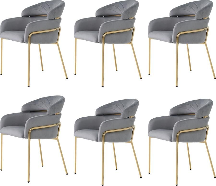 Merax Eetkamerstoel Set van 6 Luxe Fluweel Stoelen met Vier Metalen Poten Grijs