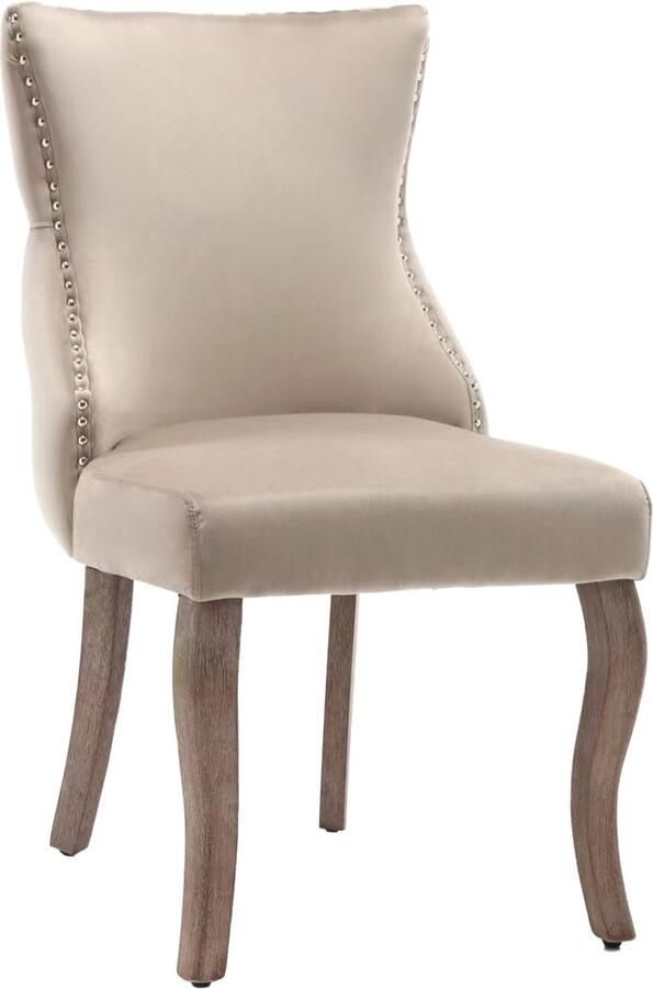 Merax Eetkamerstoelen Set van 2 Gestoffeerde Stoelen met Kapitonnering en Nagelkopdetails Massief Houten Gebogen Benen Beige - Foto 3