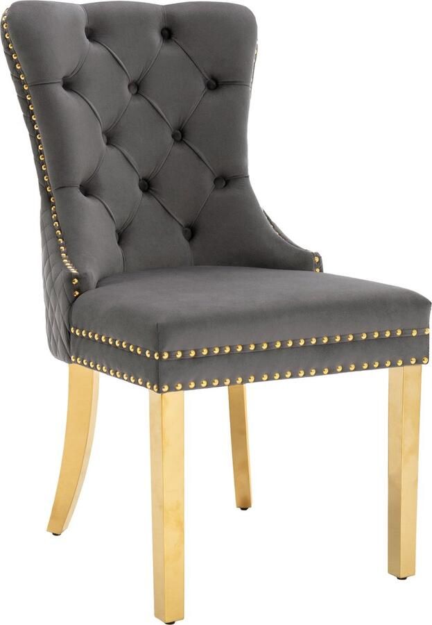 Merax Esszimmerstoelen van Velours (Set van 2) Luxe Keukenstoelen met Ronde Trekknoppen Grijs Gold Stijlvol en Comfortabel - Foto 2