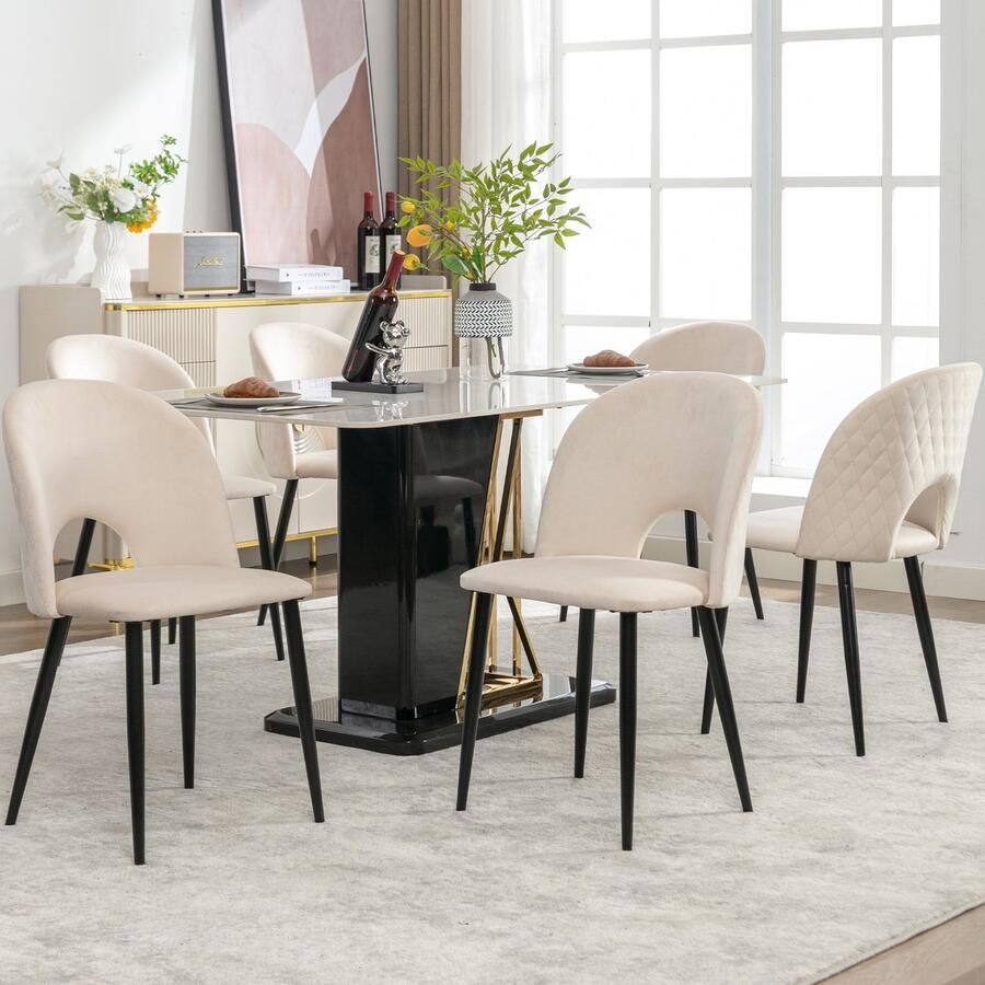 Merax Esszimmerstuhl (6 St) Polsterstuhl Design Stuhl mit Rückenlehne Sitzfläche aus Samt Gestell aus Metall Verstellbare Füße Diamantmuster auf der Rückseite Beige