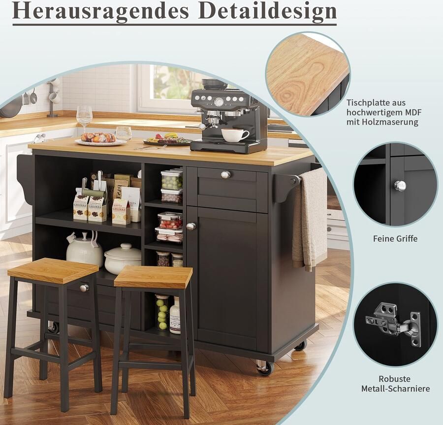Merax Esszimmerwagen (129 x 46 x 92 cm) moderner und einfacher schwarzer beweglicher Küchen-Esswagen mit Schubladen und Lagerschränken hellbraune Holzarbeitsplatte geeignet für moderne Familien