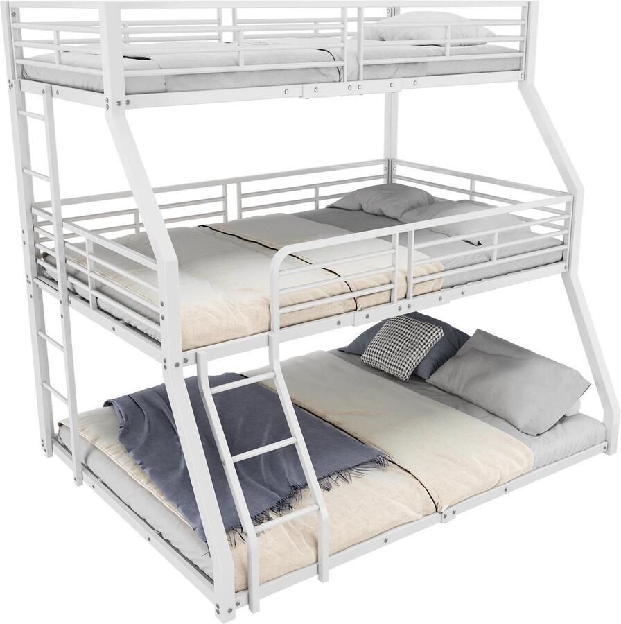 Merax Etagenbed 90 x 200 cm Metaal Bedframe Driepersoons Etagenbed Voor Kinderen Tieners en Volwassenen Wit (Zonder Matras)