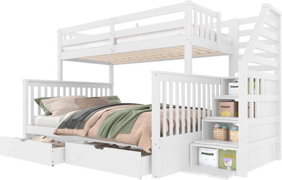 Merax Etagenbed 90x200 cm + 140x200 cm met Lades en Opbergruimte Multifunctioneel en Veilig Kinderbed in Wit