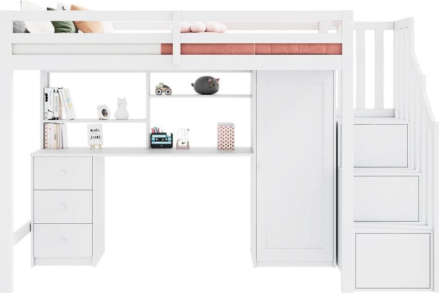 Merax Hoogslaper 90x200 cm met Bureau en Kledingkast Eenpersoonsbed met Trap en Opberglades Multifunctioneel Kinderbed met Grote Opbergruimte Wit (Matratras niet inbegrepen)