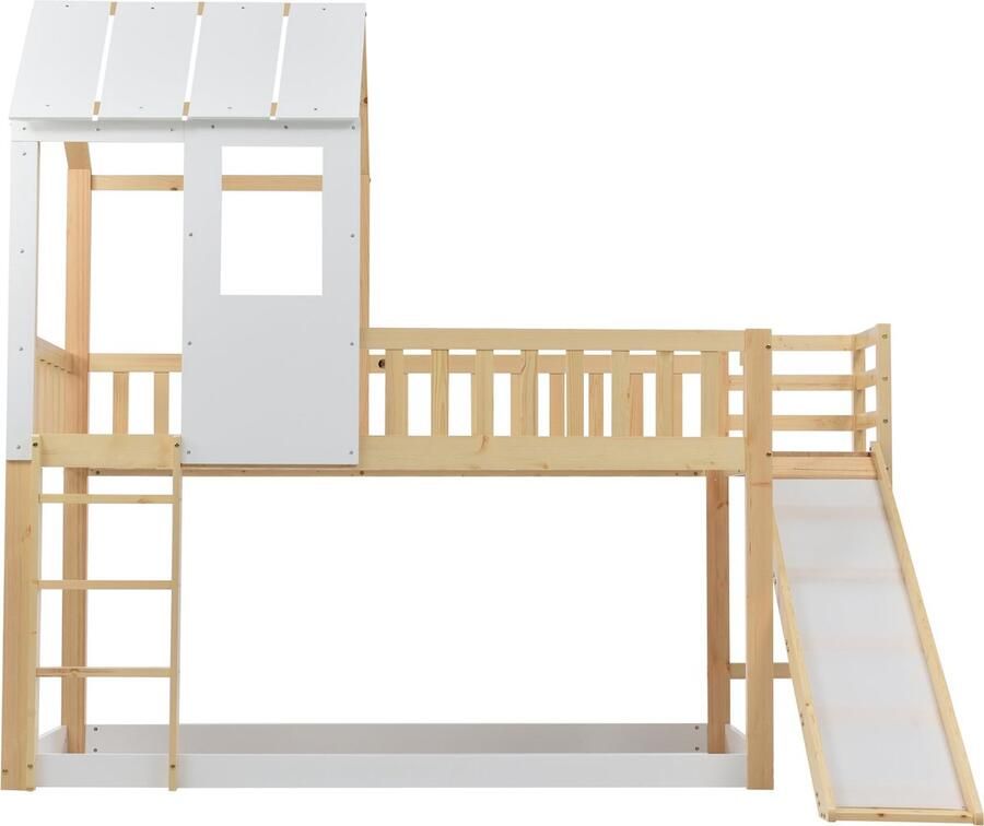 Merax Stapelbed met Glijbaan en Hoekige Trap 90x200cm Huisbed met Dak en Raam voor Kinderen Houten Bed Hoogslaper met Uitvalbeveiliging Wit met Bruin - Foto 2