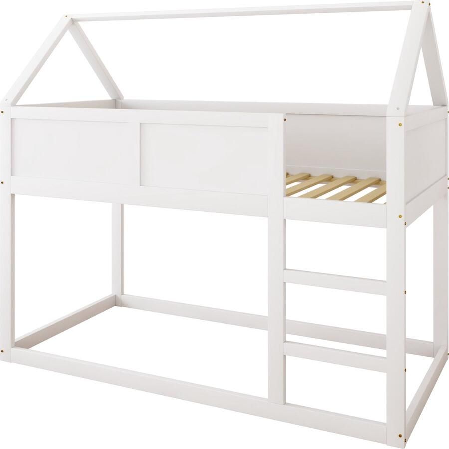 Merax Etagenbed voor Kinderen 90x200 cm – Laag Hoogslaper met Trap – Massief Houten Frame – Wit