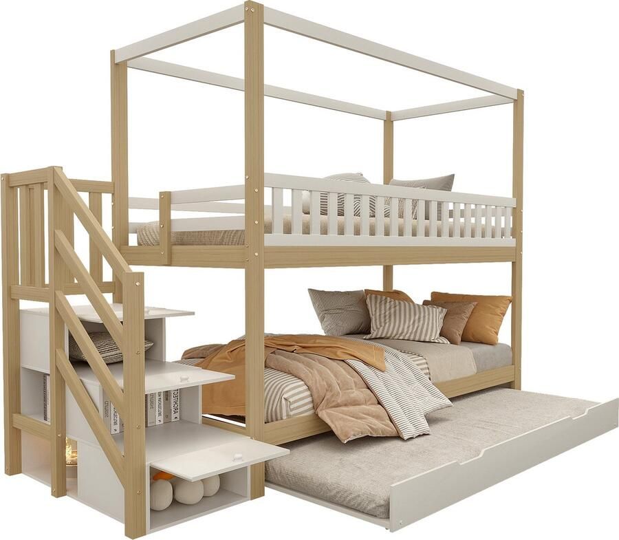 Merax Etagenbett Kinderbett 90*200 cm Massivholz-Doppelbett Hausform Sicherheitsgitterausführung mit Staufach und Sicherheitsleiter mit Ausziehbett Farbkombination weiß und Echtholz