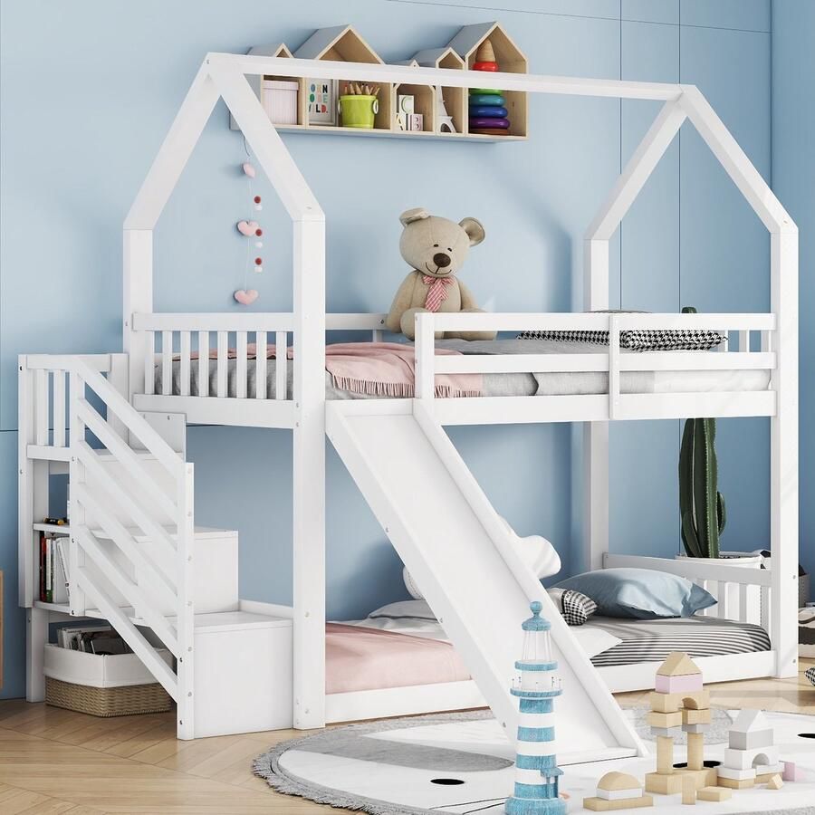 Merax wit stapelbed 90x200 cm – kinderbed met opbergtreden glijbaan en veiligheidsleuningen – geschikt voor kinderen en tieners