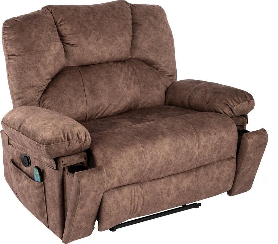 Merax Extra Brede Relaxfauteuil met Bekerhouders Relaxstoel met Elektrische Massage en Verwarming Massagestoel Elektrisch en Handmatig Bruin