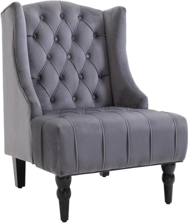 Merax Fauteuil Fluweel Grijs – Relaxfauteuil met Houten Poten – Hoge Rugleuning – Klassieke Loungestoel