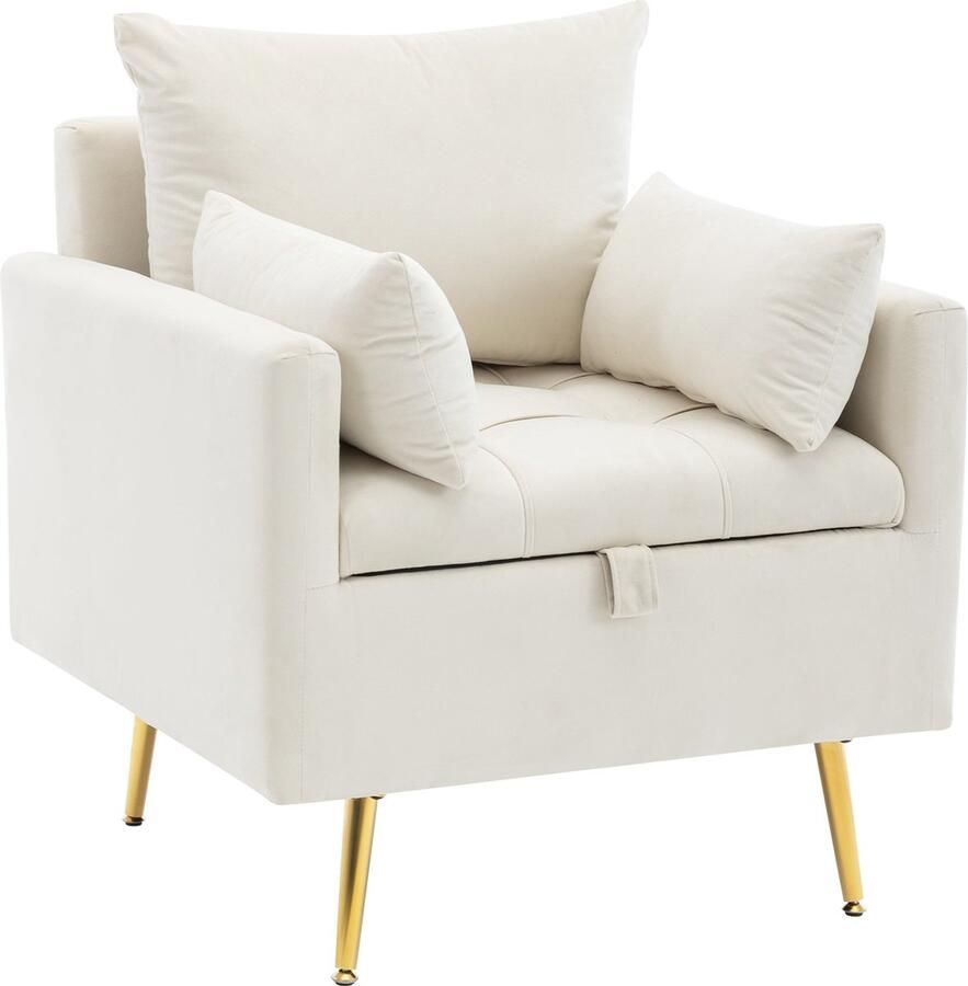 Merax [ niet compleet] Moderner minimalistischer Samtstuhl Sessel Ottomane mit Stauraum Dekokissen und Armlehnen-Loungesessel mit goldenen Metallbeinen