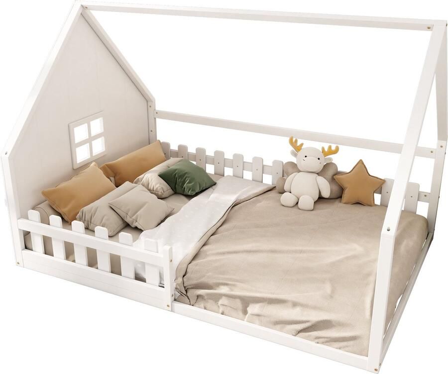 Merax kinderbed 140x200 cm – wit dennenhouten bed met reling en huisvormig hoofdeinde
