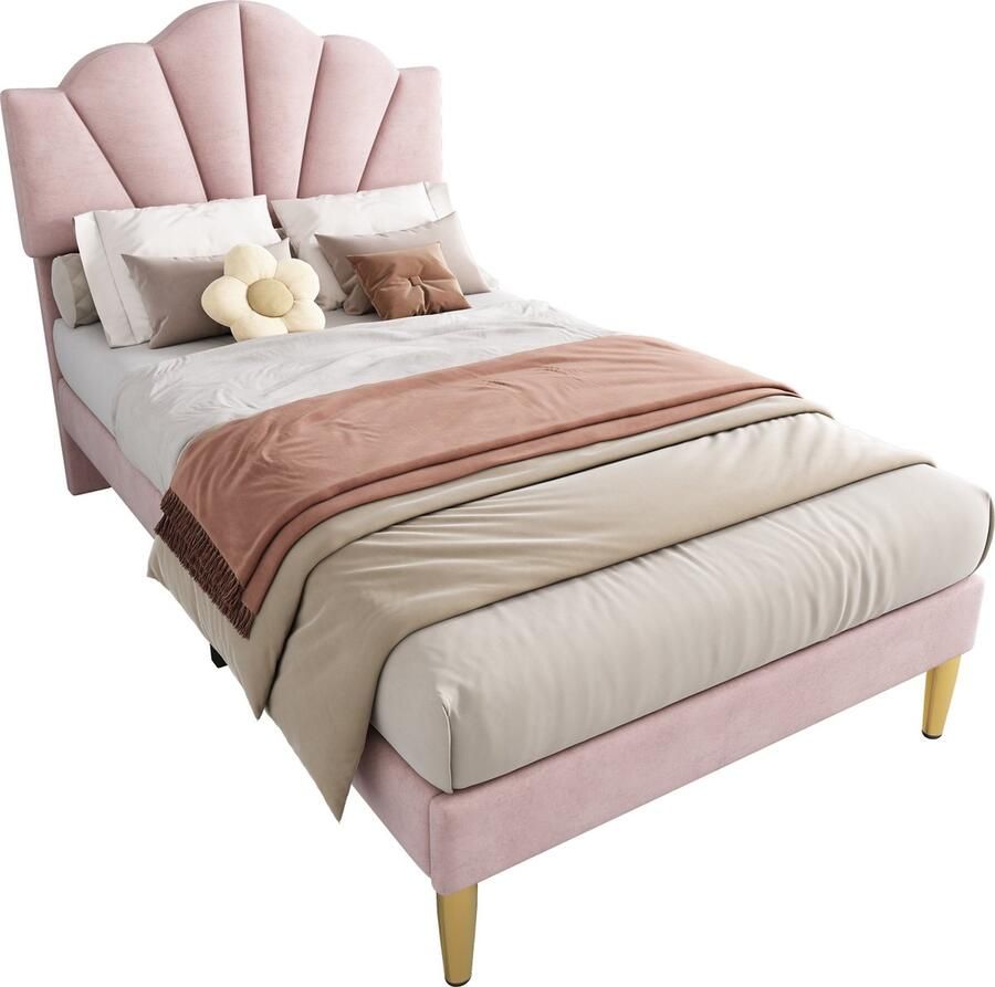 Merax Velvet Gestoffeerd Eenpersoonsbed 90x200 cm Bed met Schelpvormig Verstelbaar Hoofdbord en Gouden IJzeren Poten Roze