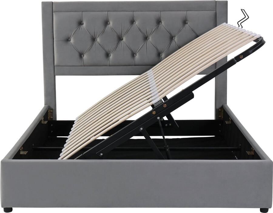 Merax Gestoffeerd Bed met Opbergruimte en Afneembare Ladebakken Chesterfield-Stijl 140x200cm Grijs Stalen Frame - Foto 2