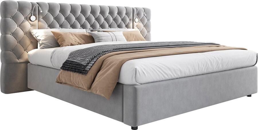 Merax Gestoffeerd Bed 160x200 cm met Hydraulische Opbergruimte LED Verlichting Fluwelen Bekleding en Houten Lattenbodem Grijs