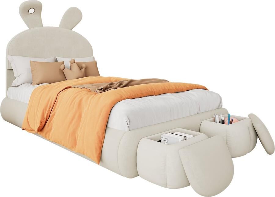 Merax Fluwelen Bed 90x200 cm Kinderbed in Konijnen Vorm Eenpersoonsbed met Verstelbare Verlichting en Twee Opberghockers Beige