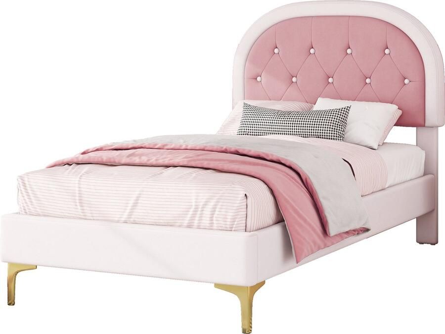 Merax Fluwelen Bed 90x200 cm – Minimalistisch Designbed met Lattenbodem en Goudkleurige Metalen Poten – Luxe Halfhoog Hoofdbord en Stijlvol Colour-Blocking – Roze