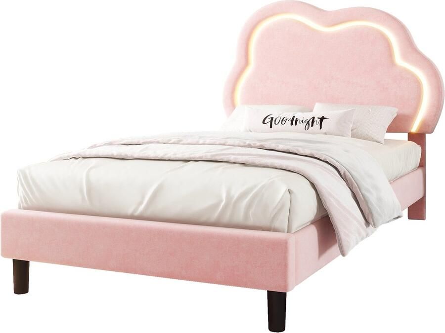 Merax Velvet Bed 90x200 cm – Slaapkamerbed met Lattenbodem Verstelbaar Hoofdbord en LED-verlichting Zonder Matras Minimalistisch Design Roze