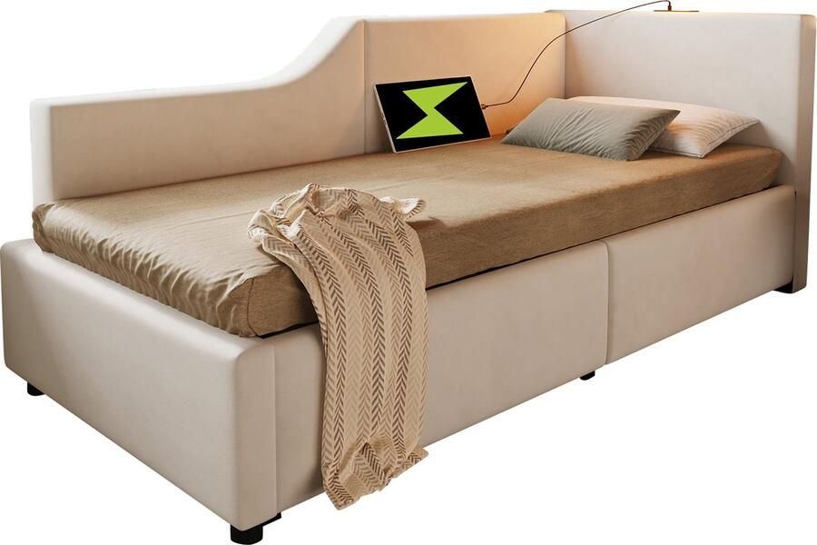 Merax Velvet Bedbank 90x190 cm – Multifunctioneel Daybed met Hydraulische Opbergruimte USB-C Laadfunctie en Leeslamp – Kinderbed Tienerbed en Logeerbed met Houten Lattenbodem – Beige