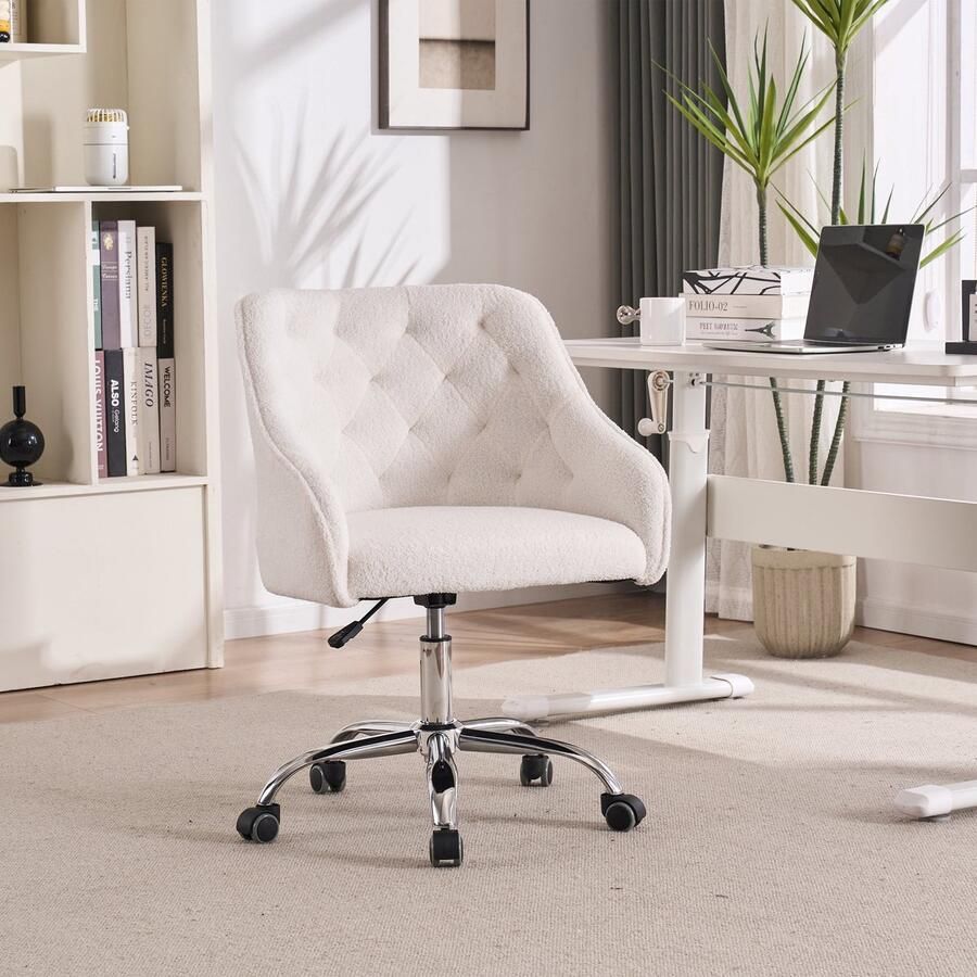 Merax Teddy Fluwelen Bureaustoel – Verstelbare 360° Draaistoel met Wielen Ideaal voor Woonkamer Slaapkamer Kantoor Hotel en Restaurant (Wit)