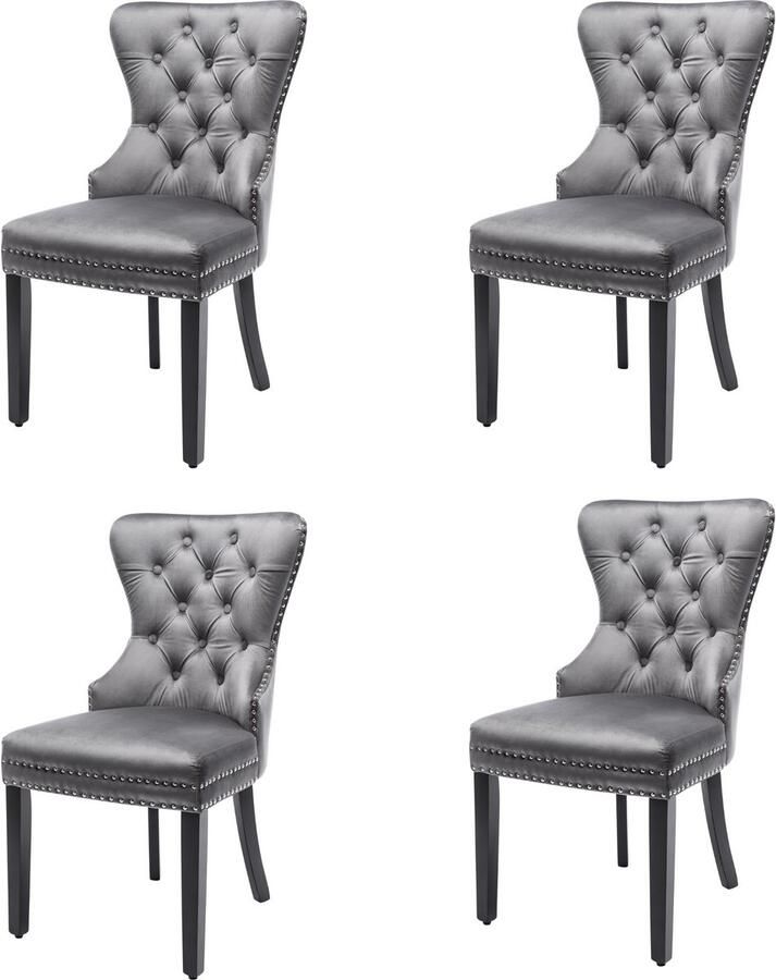 Merax Fluwelen eetkamerstoel set met eiken poten chroom knocker en spijkerkop trim slaapkamerstoel keukenstoel woonkamer loungestoel grijs 4 stuks