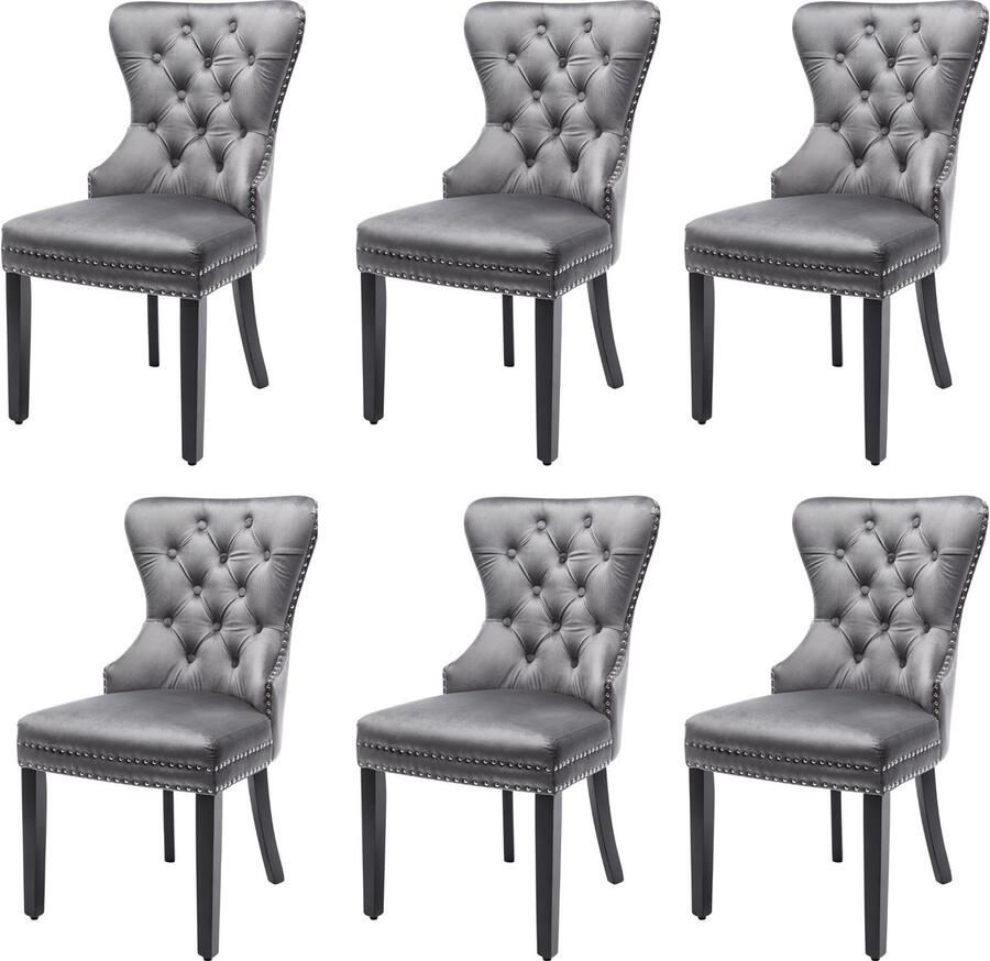 Merax Fluwelen eetkamerstoel set met eiken poten chroom knocker en spijkerkop trim slaapkamerstoel keukenstoel woonkamer loungestoel grijs 6 stuks