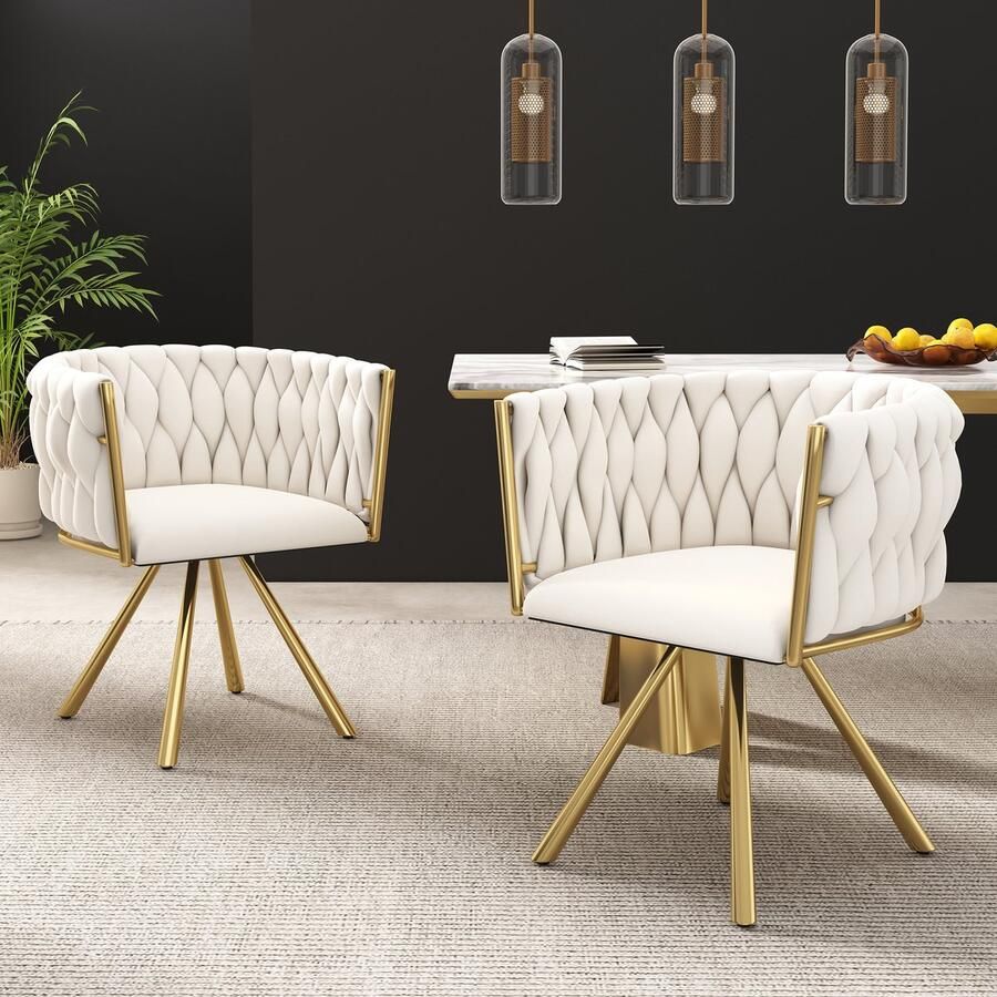 Merax Fluwelen eetkamerstoel set van 2 eenpersoons deluxe woonkamer slaapkamer draaistoel lounge draaistoel beige en goud