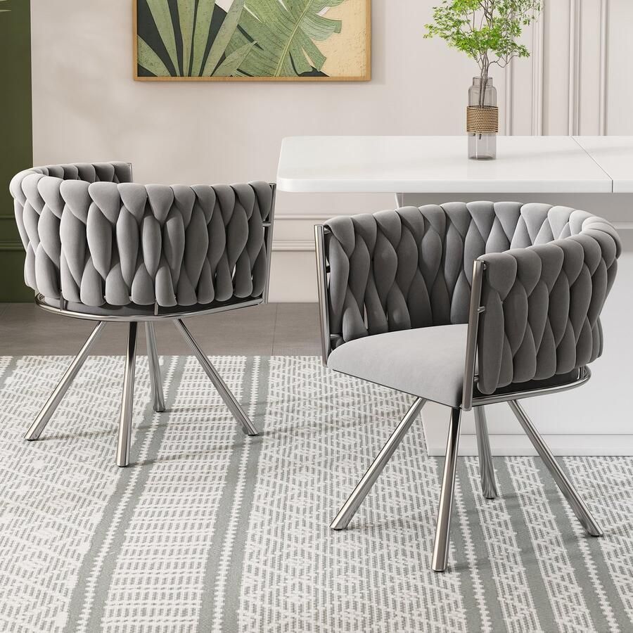 Merax Fluwelen eetkamerstoel set van 2 eenpersoons luxe woonkamer slaapkamer draaistoel lounge draaistoel grijs zilver