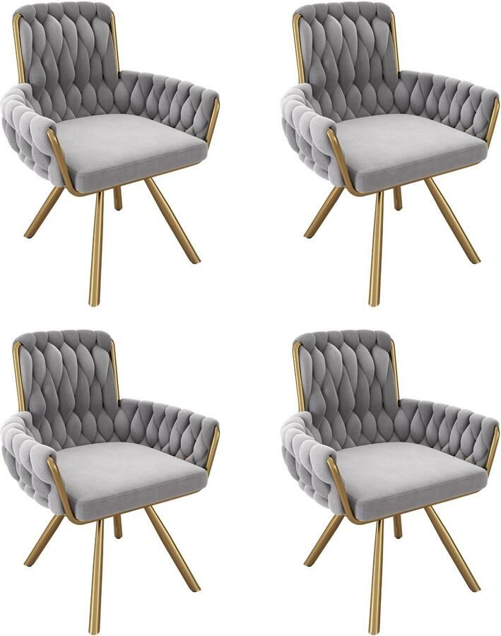 Merax Fluwelen eetkamerstoel set van 2 fauteuil enkele luxe woon- en slaapkamer draaistoel lounge draaistoel grijs