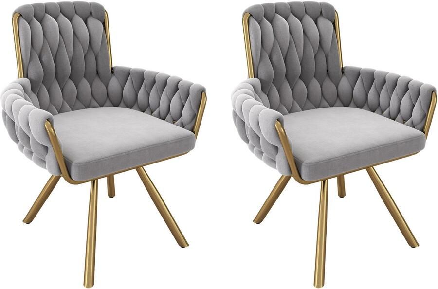 Merax Fluwelen eetkamerstoel set van 2 fauteuil enkele luxe woon- en slaapkamer draaistoel lounge draaistoel grijs
