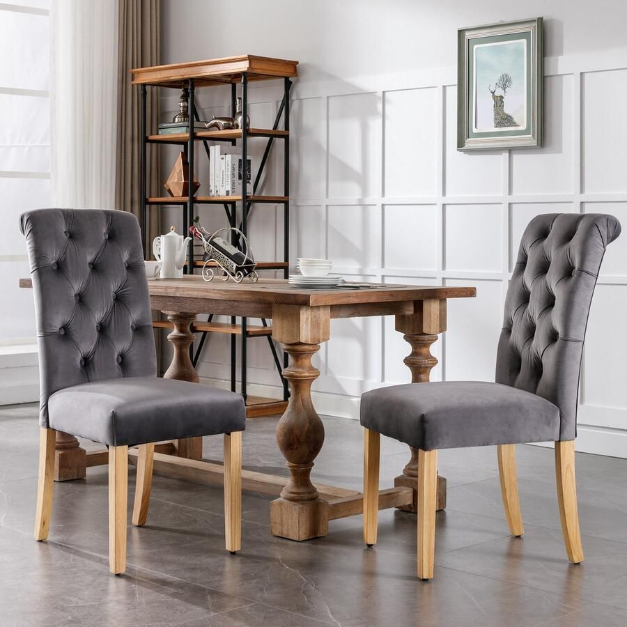 Merax Fluwelen eetkamerstoel set van 2 met eiken poten chroom knocker slaapkamer stoel Keukenstoel Woonkamer lounge stoel grijs