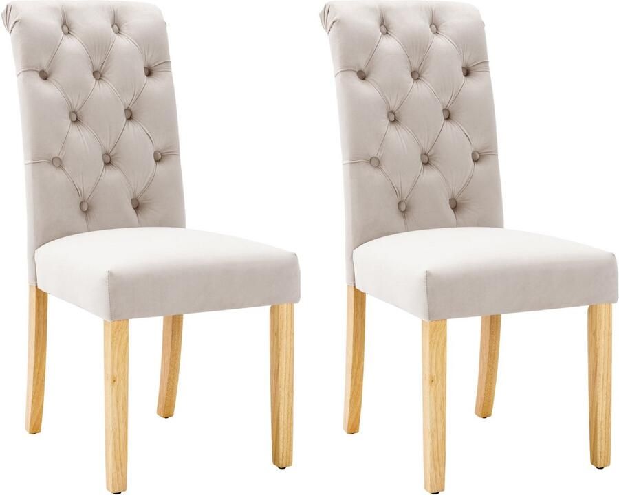 Merax Fluwelen eetkamerstoel set van 2 met eiken poten chroom knocker slaapkamerstoel Keukenstoel Woonkamer loungestoel beige