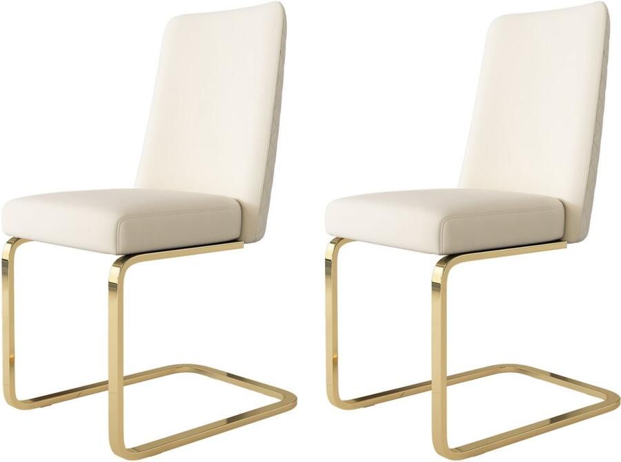 Merax Fluwelen eetkamerstoel set van 2 woonkamer slaapkamer loungestoel diamanten rugmotief met goudkleurige metalen steunpoten beige