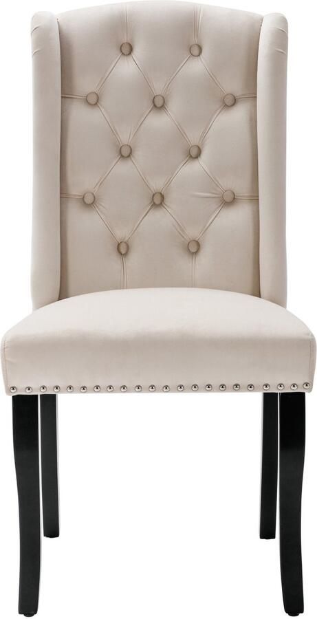 Merax Fluwelen eetkamerstoel set van 4 met eiken poten chroom knocker en spijkerkop trim slaapkamer stoel Keukenstoel Woonkamer lounge stoel beige