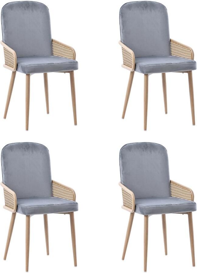 Merax Fluwelen eetkamerstoel set van 4 rotan design woonkamer slaapkamer met vier metalen poten (houtnerfeffect) grijs