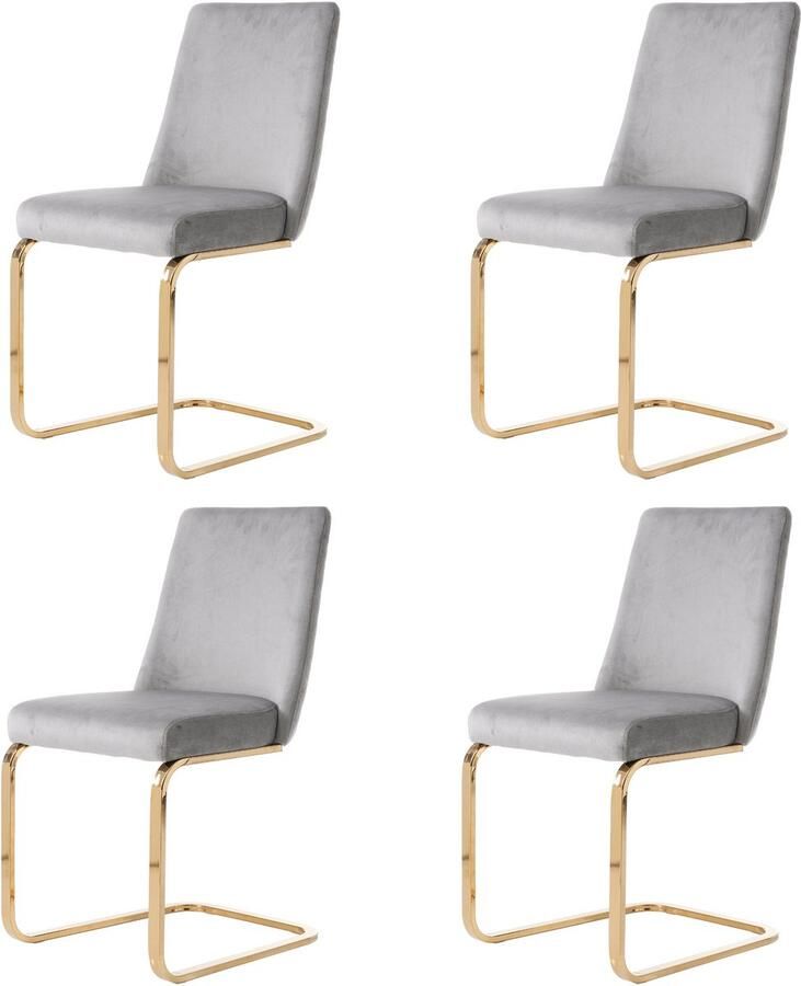 Merax Fluwelen eetkamerstoel set van 4 woonkamer slaapkamer loungestoel diamanten rugmotief met goudkleurige metalen steunpoten grijs