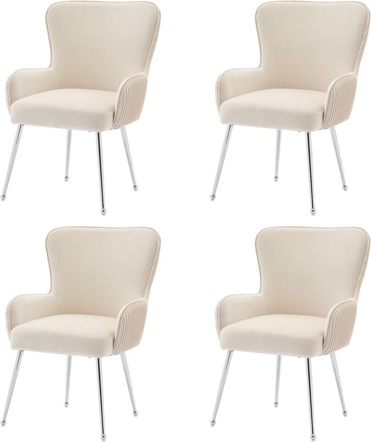 Merax Fluwelen eetkamerstoel set van 4 woonkamer slaapkamer loungestoel met armleuningen en verstelbare poten lendensteun beige en zilver