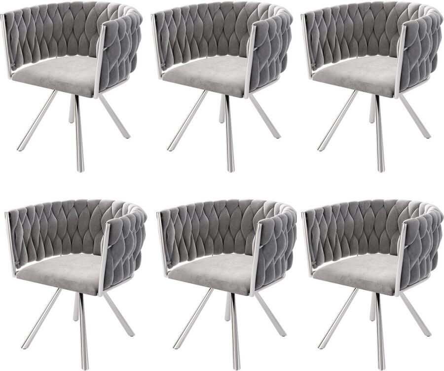 Merax Fluwelen eetkamerstoel set van 6 eenpersoons luxe woonkamer slaapkamer draaistoel lounge draaistoel grijs zilver